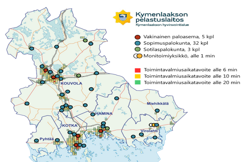 Kymenlaakson paloasemat kartalla. Sisätöä esitetty tekstissä.